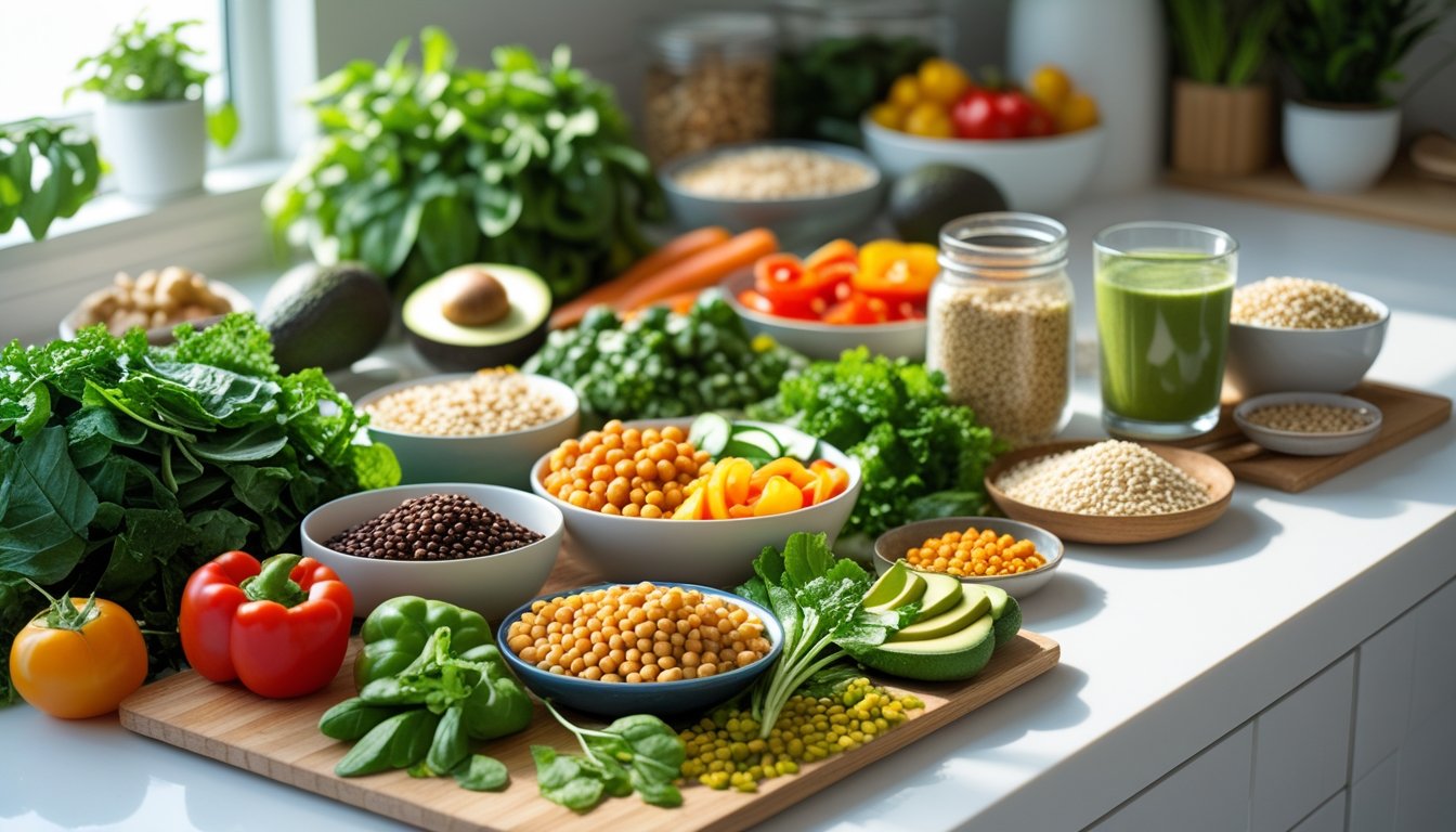 A kitchen countertop with a variety of fresh vegetables, plant-based proteins, grains, and a green smoothie arranged neatly.