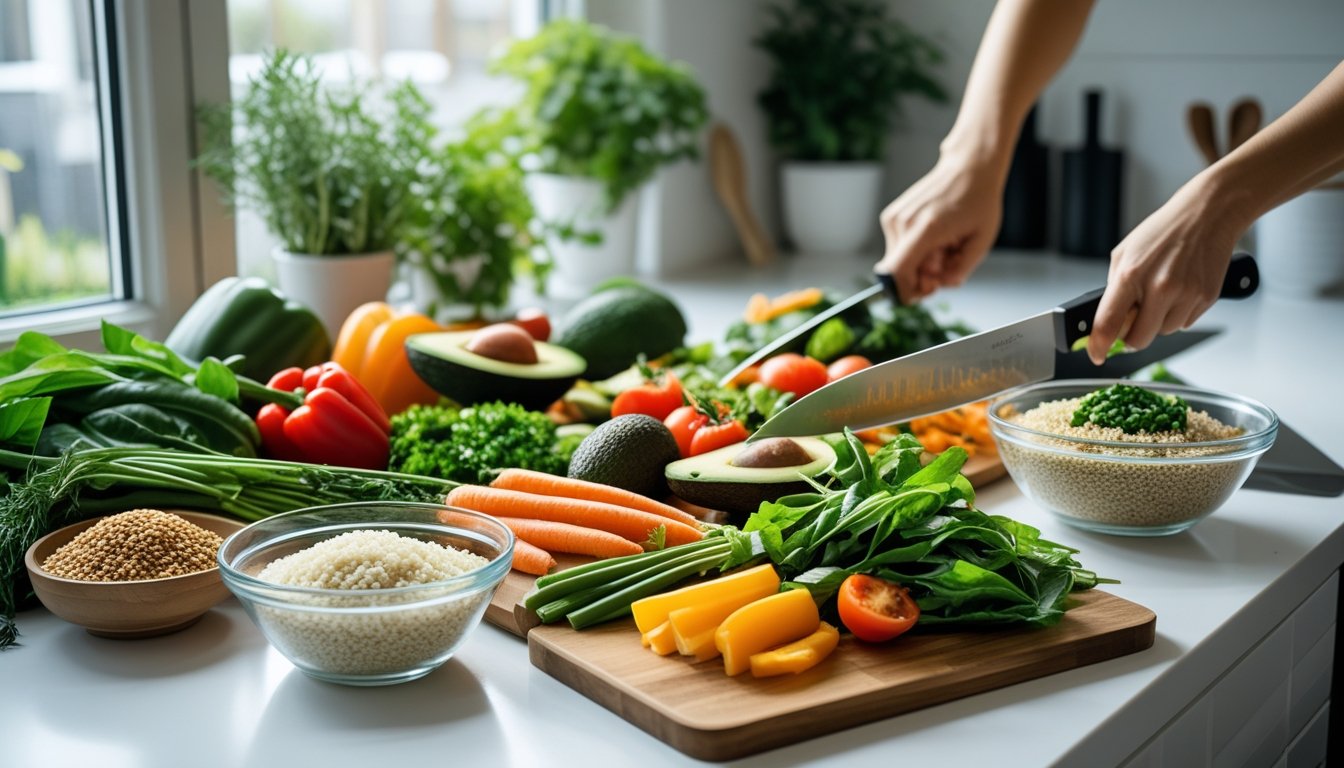 Hands preparing a variety of fresh vegetables and grains on a kitchen countertop with natural light and plants in the background.