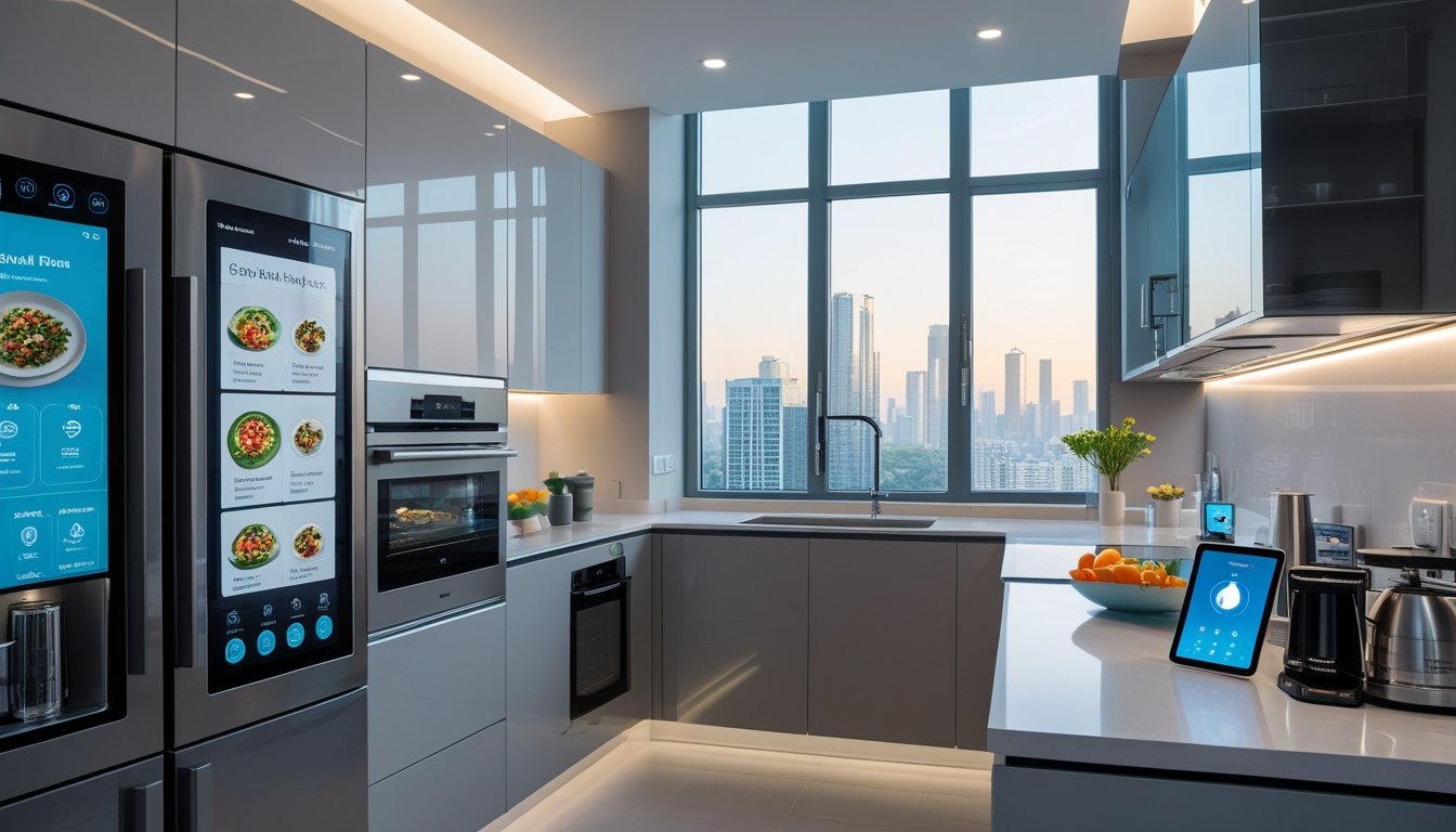 A modern kitchen in an urban apartment with smart appliances and large windows showing a city view.