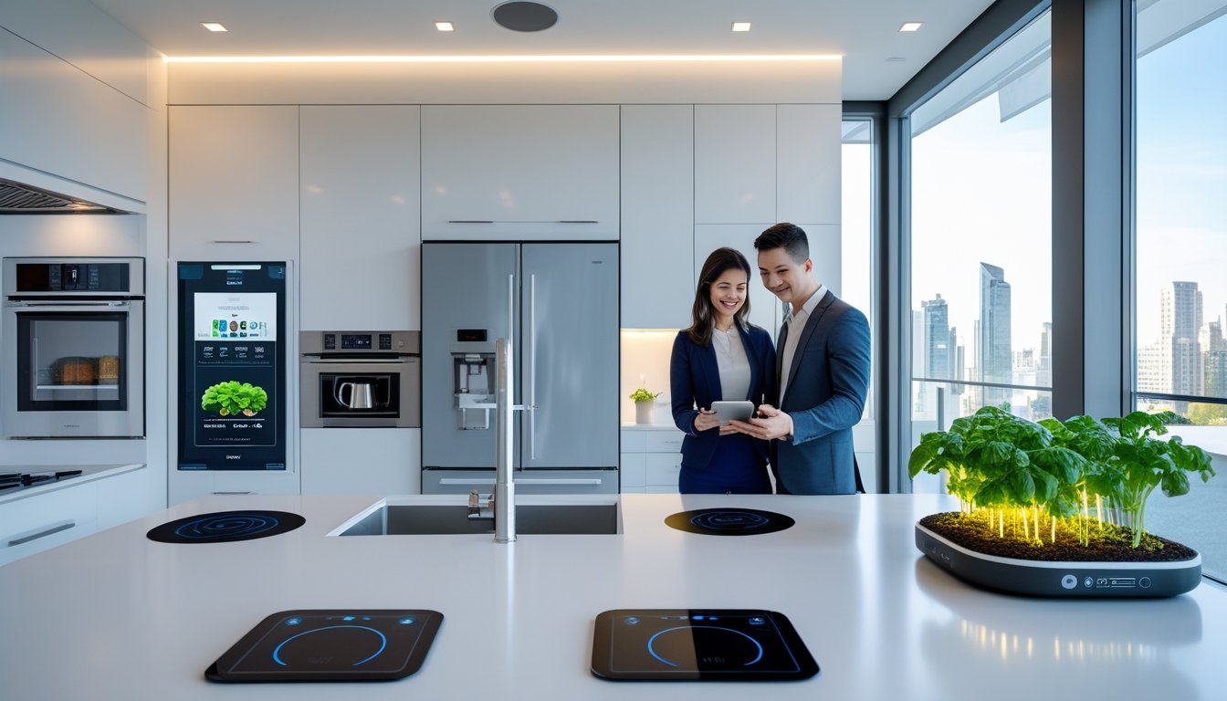 A modern urban kitchen with smart appliances and a young couple using a tablet and voice commands.