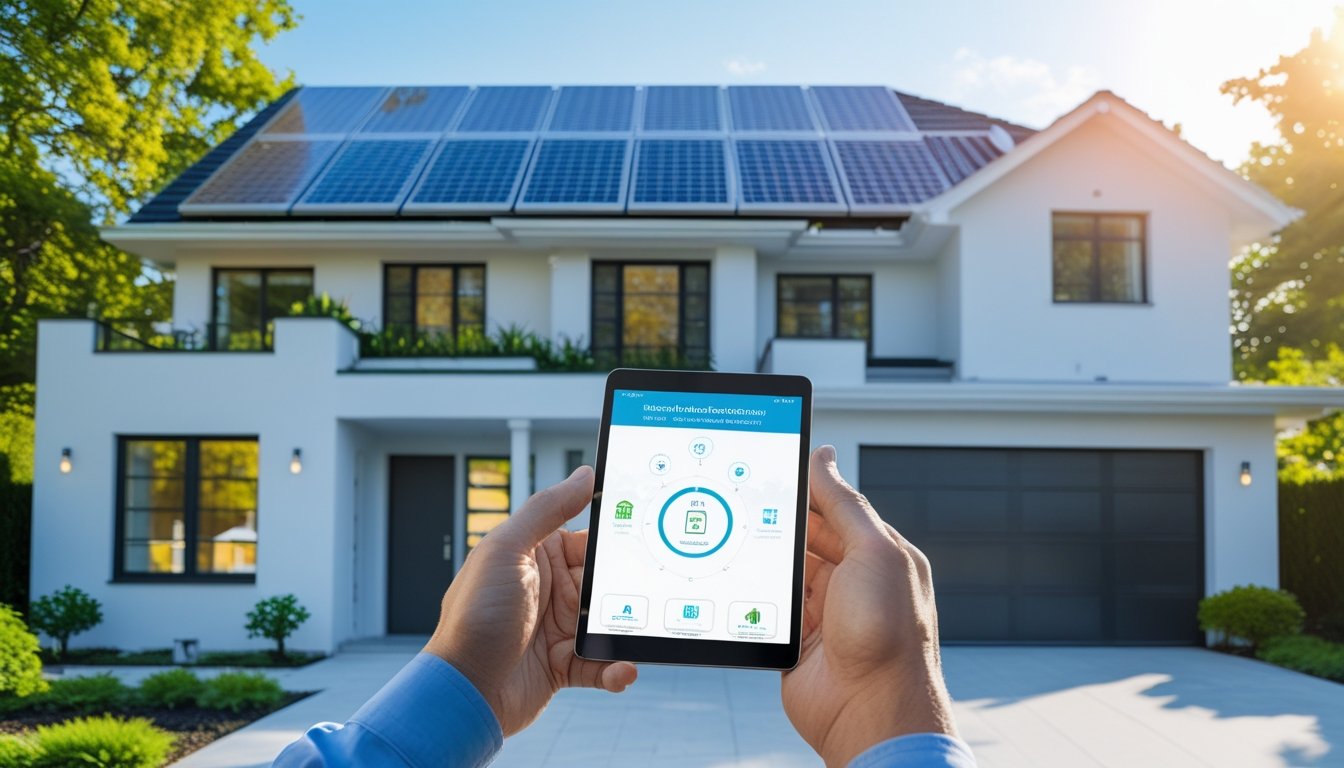A modern home with solar panels, smart devices, and energy-efficient features, with a person using a tablet to control home energy systems.
