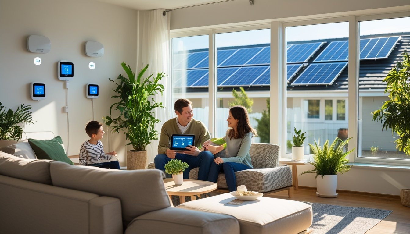 A family in a bright living room with smart home devices and solar panels visible outside.