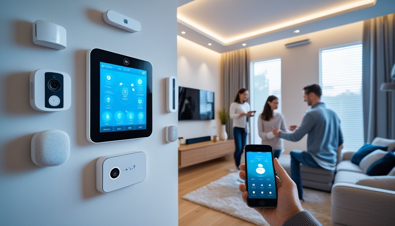 A modern living room with smart home devices including a touchscreen control panel, smartphone, smart speakers, security cameras, and automated window blinds, showing people interacting with home automation technology.