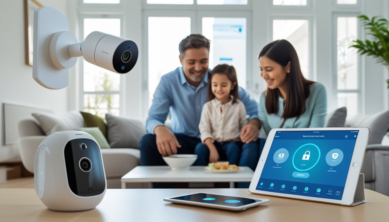 A family in a modern living room using smart home security devices including a camera, smart lock, and tablet.