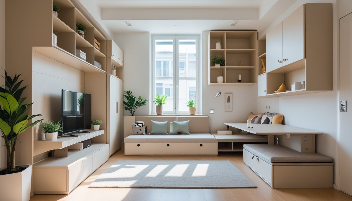 A small, tidy flat with smart storage solutions including built-in shelves, under-bed drawers, and wall-mounted cabinets, filled with natural light.