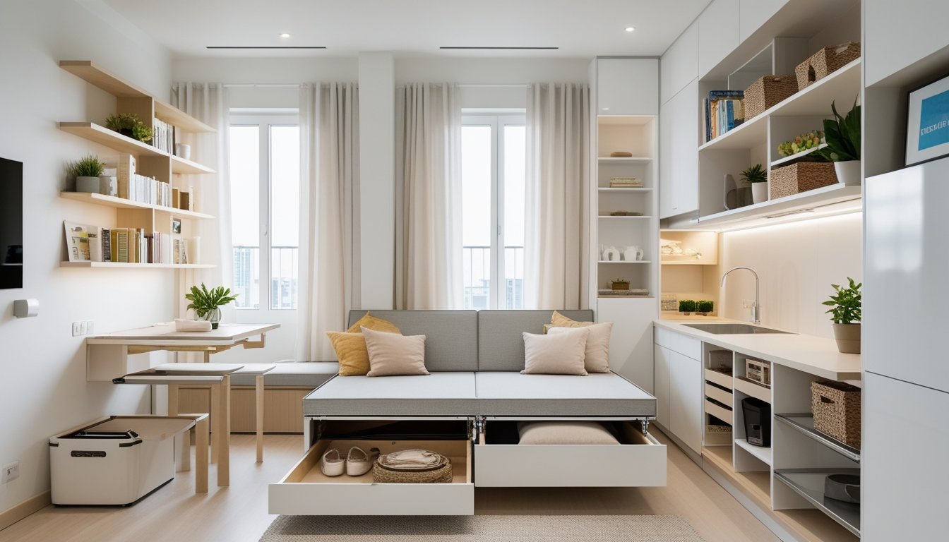 A small flat interior with clever storage solutions including built-in shelves, under-bed drawers, and a foldable dining table in a tidy and well-lit living space.