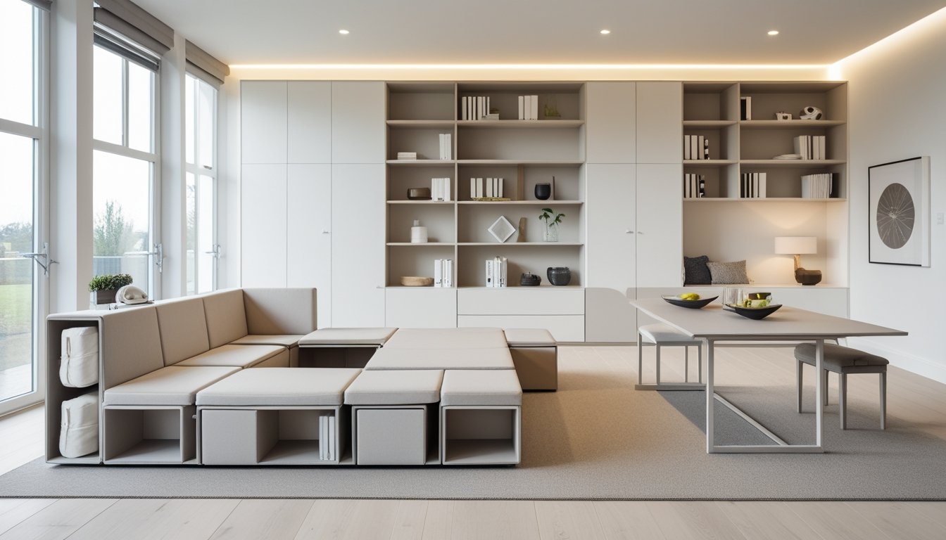A bright modern living room with multifunctional furniture and built-in storage solutions, including a modular sofa, wall shelves, and a fold-away dining table.