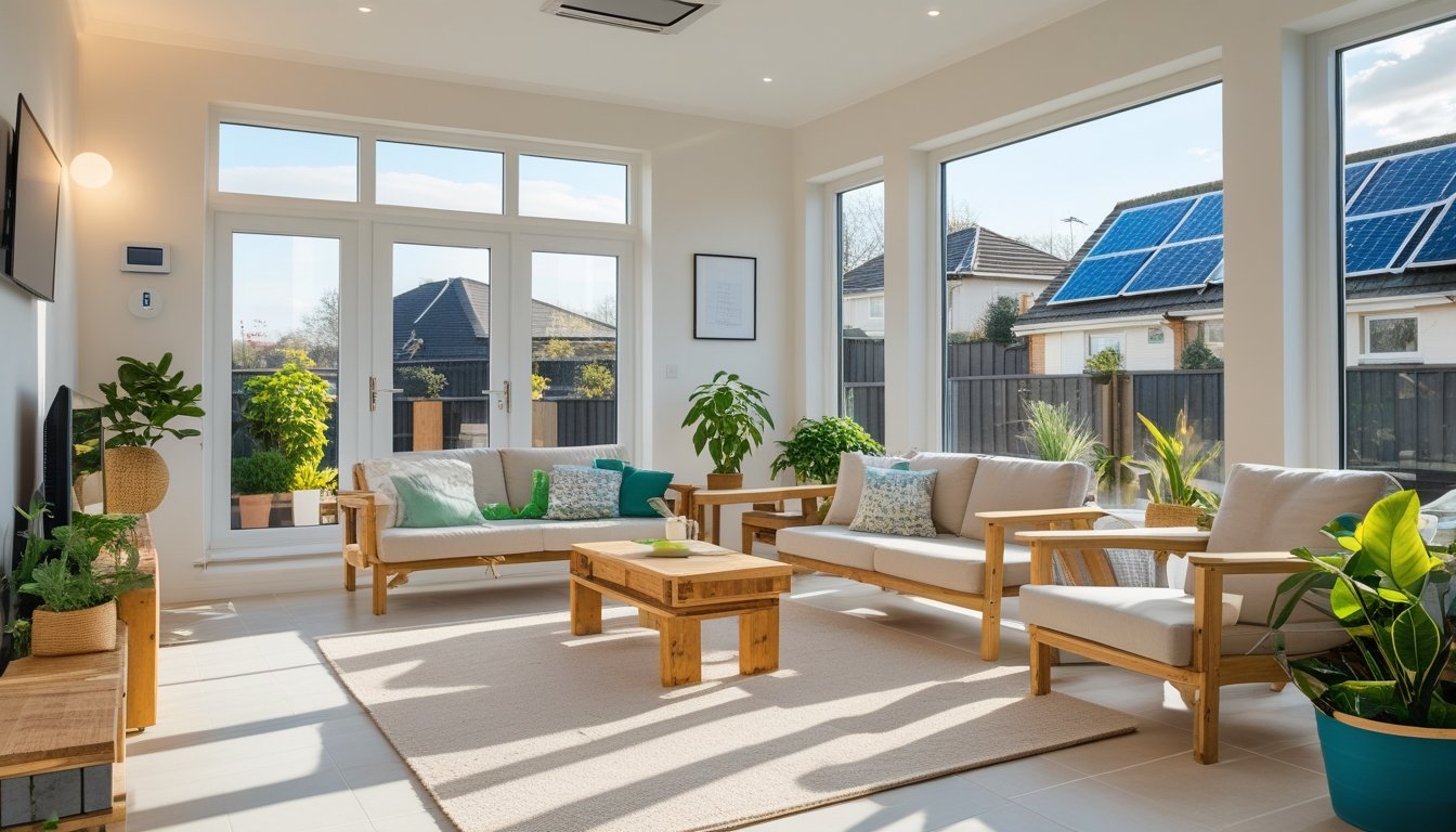 A modern living room with large windows, wooden furniture, indoor plants, a smart thermostat, and a recycling bin, showing sustainable and cost-effective home updates.