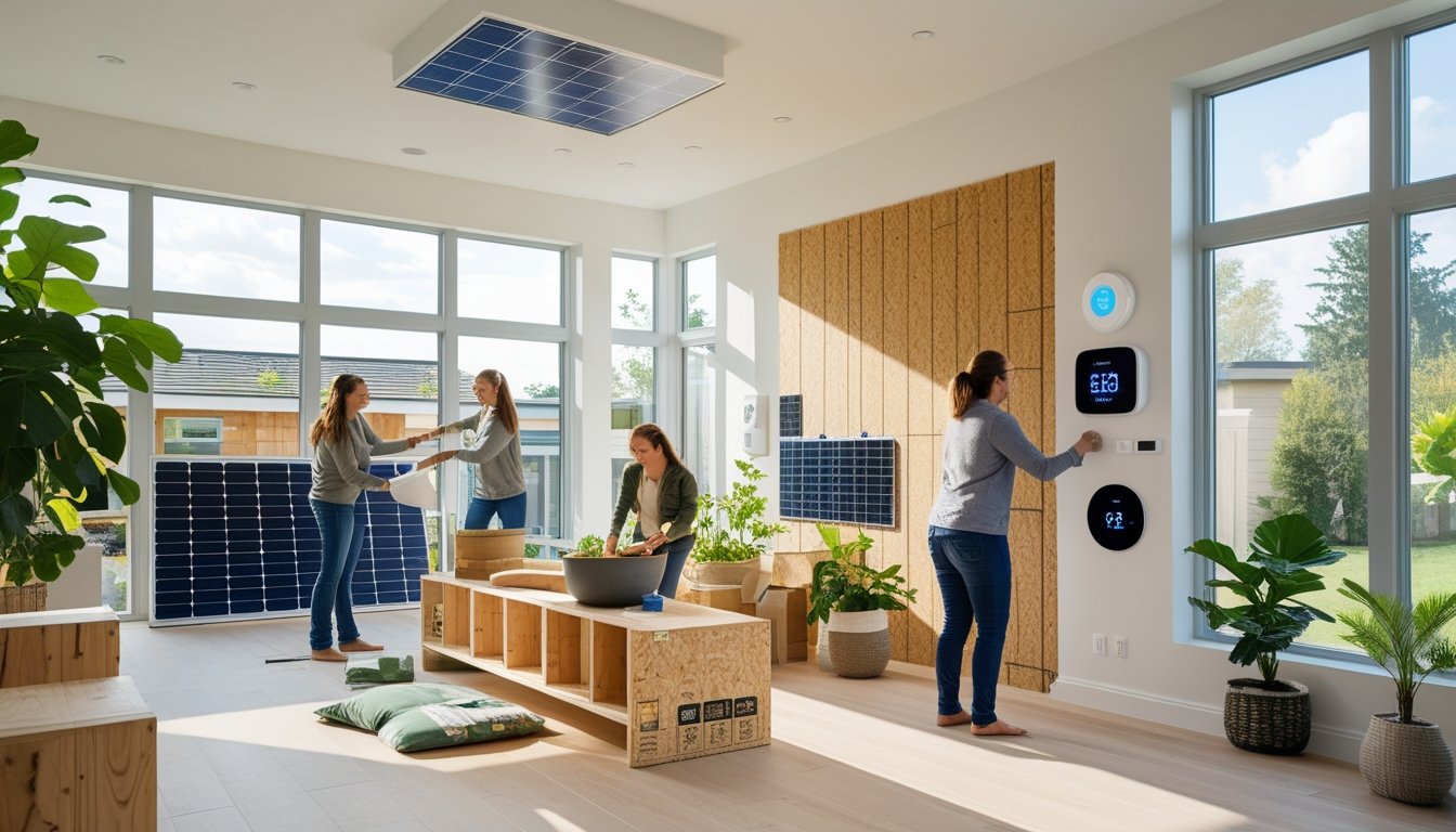 A modern home interior with solar panels visible outside, energy-efficient lighting, smart thermostats, indoor plants, and a family working on sustainable home improvements.