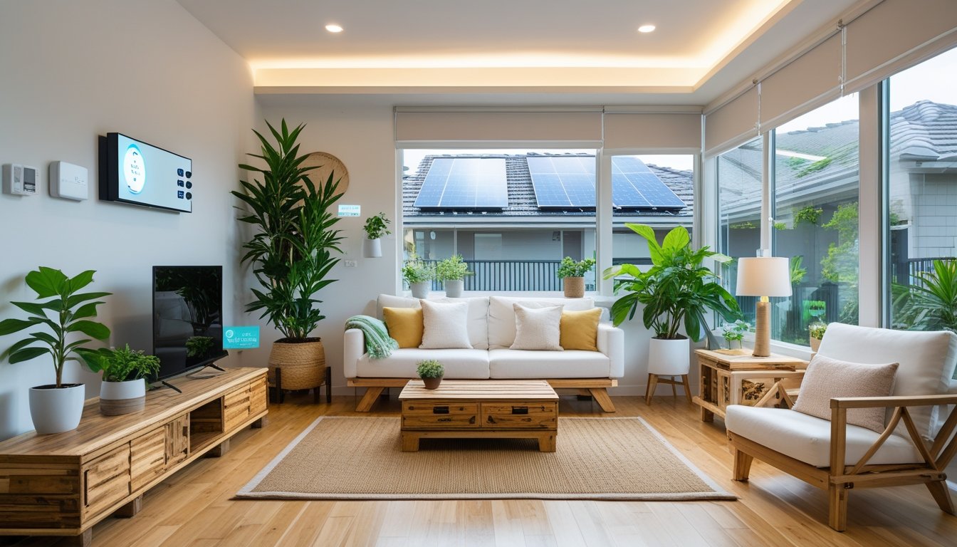A modern living room with large windows, indoor plants, eco-friendly furniture, and a smart thermostat, showing sustainable home updates.