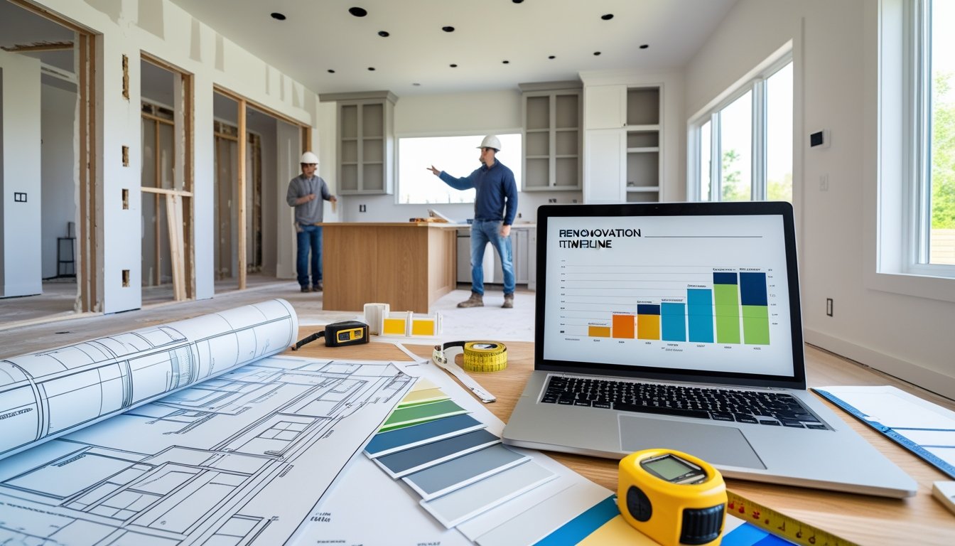 A homeowner and contractor discussing renovation plans in a living room with blueprints, paint samples, and renovation tools on a table, with partially renovated walls in the background.