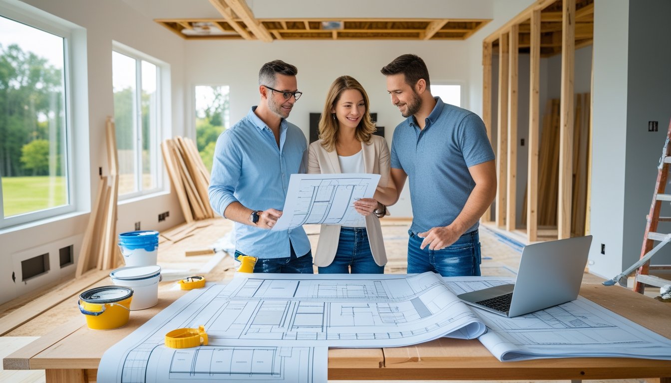 A couple discussing home renovation plans at a table with blueprints and tools in a room undergoing renovation.