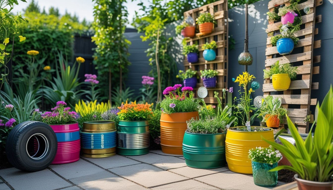 A garden with colourful plants and flowers in pots made from recycled materials, including a vertical garden made from wooden pallets and decorative garden ornaments.