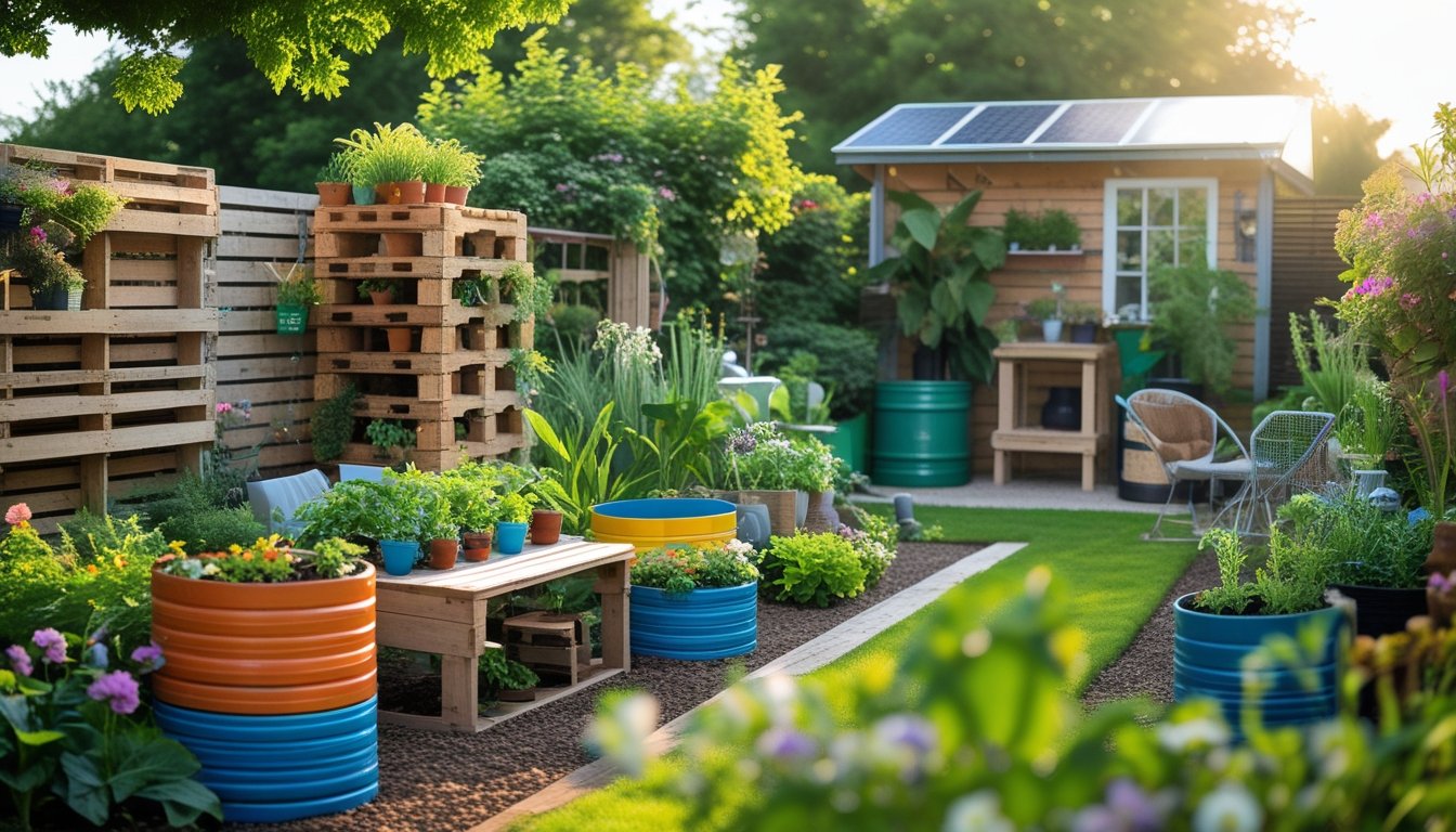 A garden with plants growing in recycled containers like wooden pallets and plastic bottles, surrounded by eco-friendly garden furniture and compost bins.