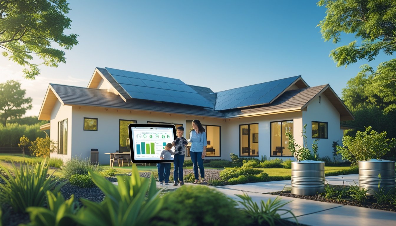 A modern house with solar panels and large windows surrounded by greenery, with a family using a tablet outside near eco-friendly garden features.
