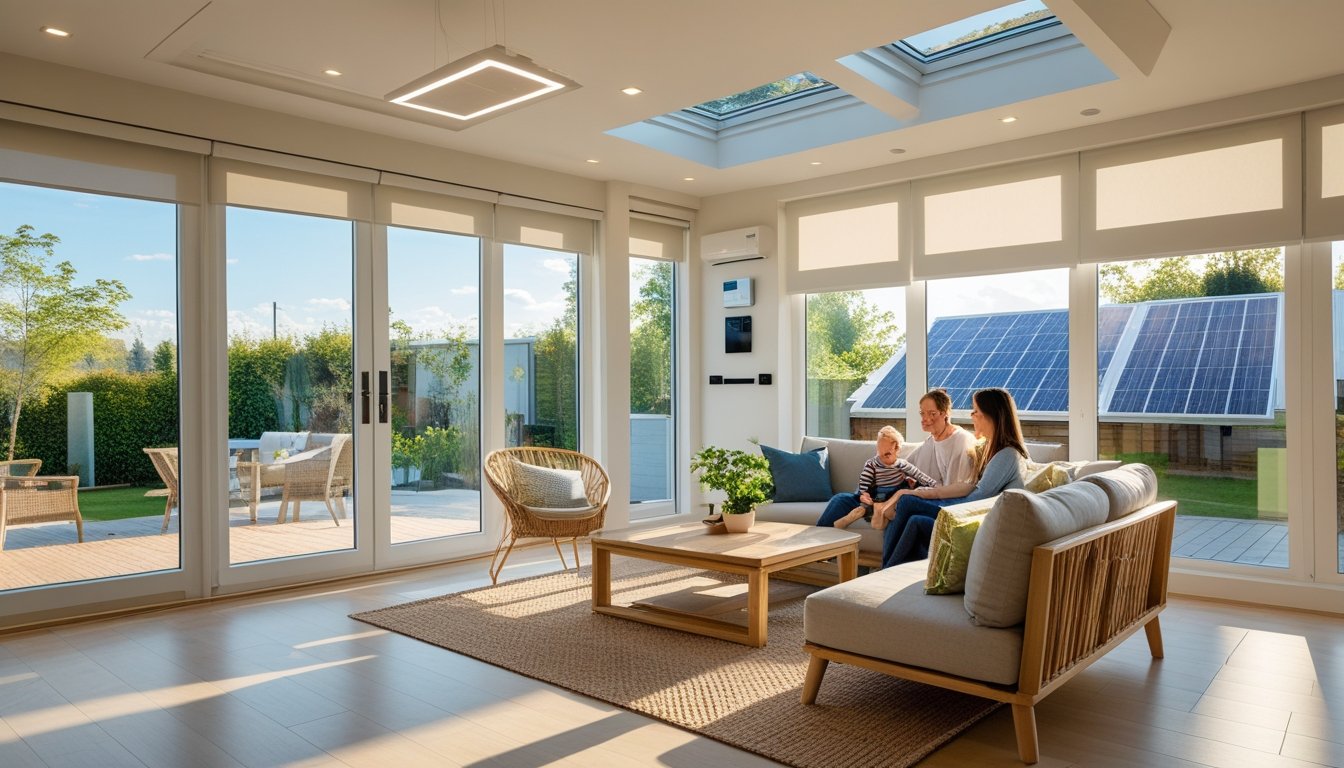A modern living room with large windows, smart thermostat, energy-efficient lighting, and solar panels visible outside, showing a family in a bright, eco-friendly home.