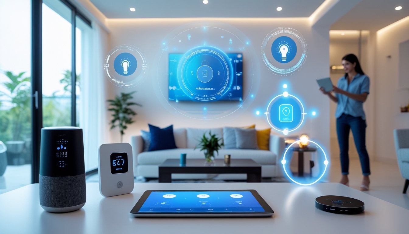 A modern living room with smart home devices including a smart speaker, thermostat, security camera, and a person using a tablet to control the home.