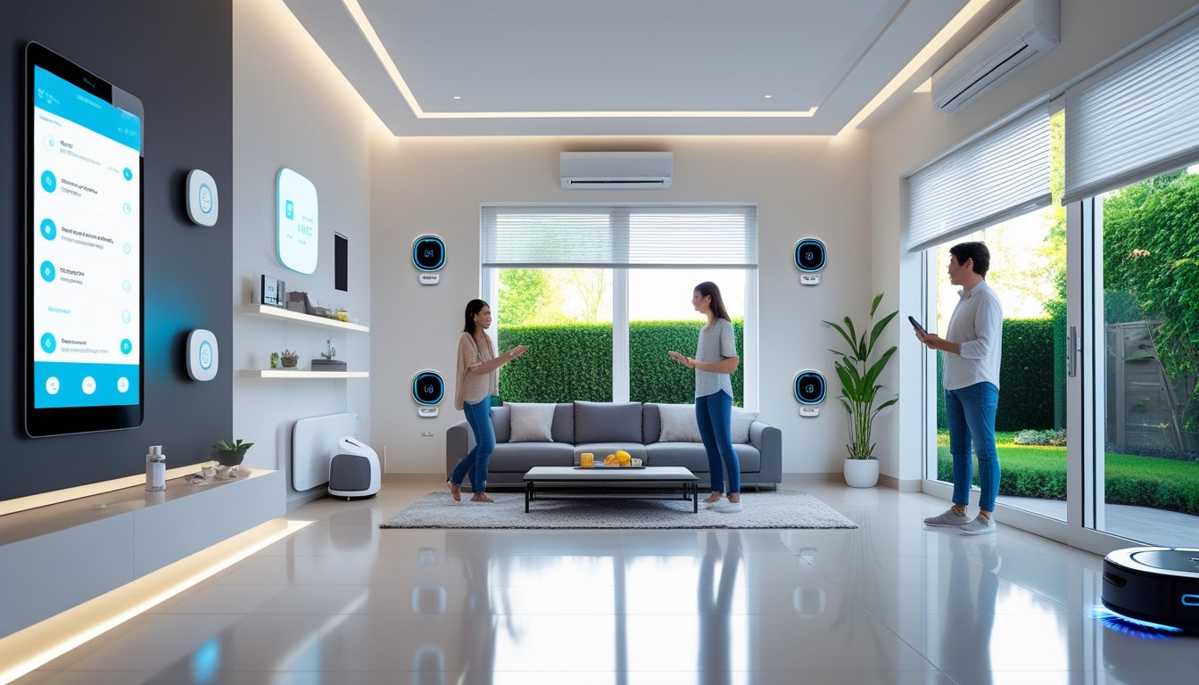 A modern living room with smart home devices including a touchscreen control panel, smart speakers, automated blinds, and a robotic vacuum, with people interacting with the technology.