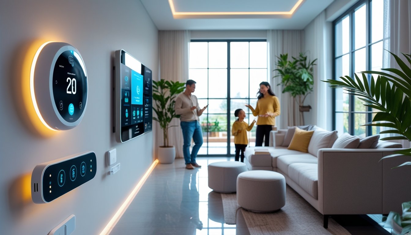 A modern living room with smart home devices and a family interacting with technology.