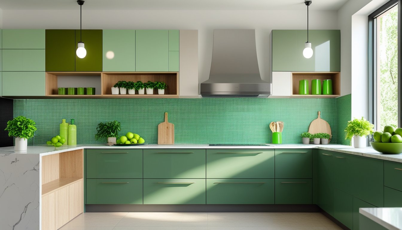 A modern kitchen with green cabinets, a marble island, fresh herbs, and stainless steel appliances illuminated by natural light.