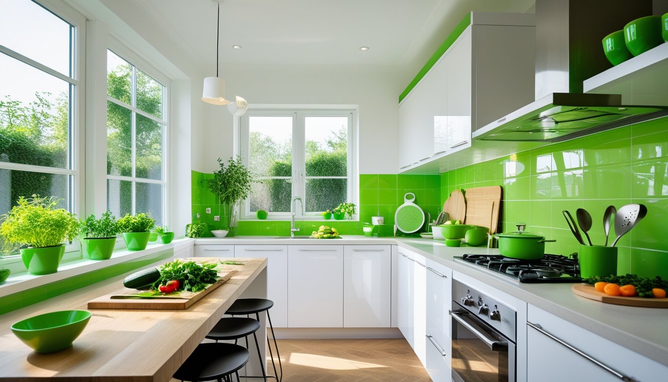 A modern kitchen with green accents, plants, and fresh vegetables on the countertop under natural light.