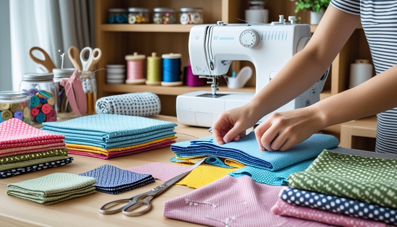 Hands working with colourful household fabrics and sewing tools on a wooden table in a bright home sewing space.