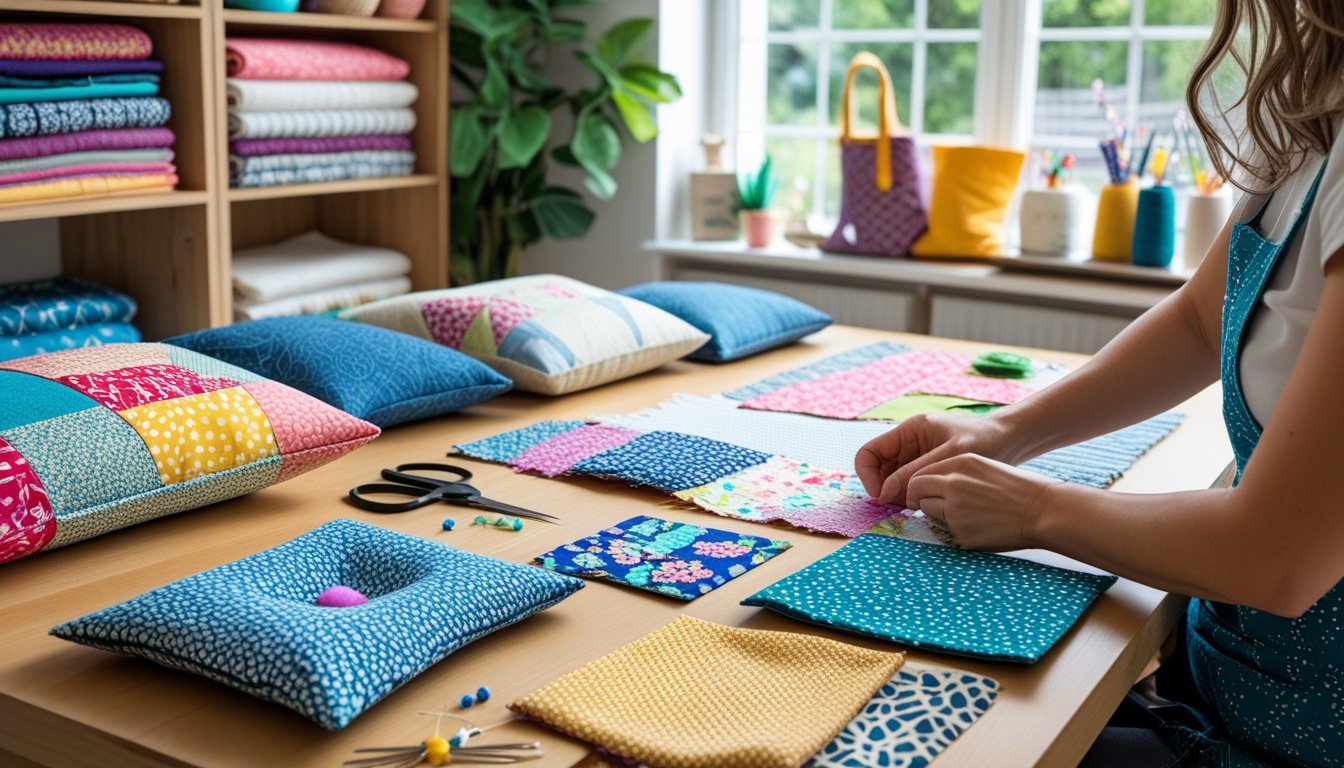 A workspace with fabric scraps, sewing tools, and handmade fabric items being crafted on a wooden table.