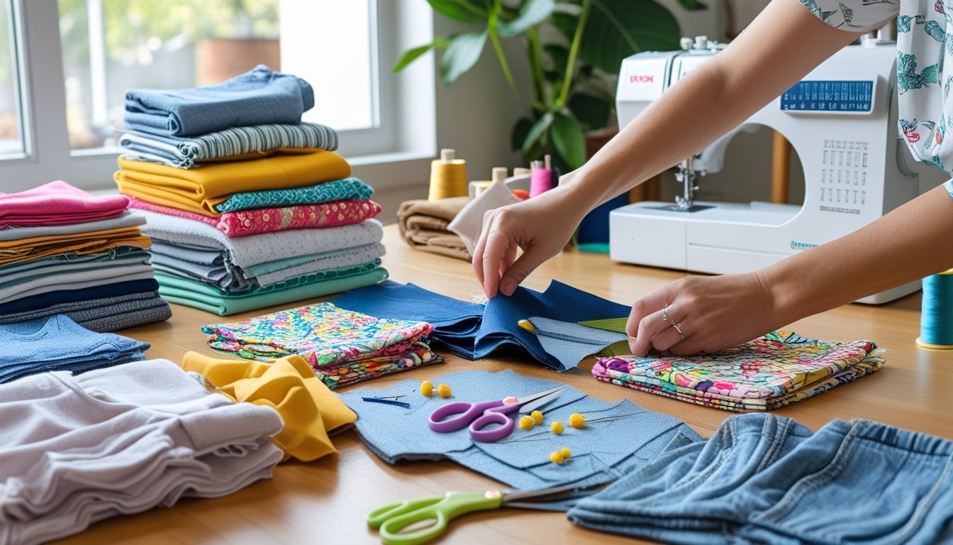 Hands working with colourful household fabrics and sewing tools on a wooden table in a bright crafting workspace.