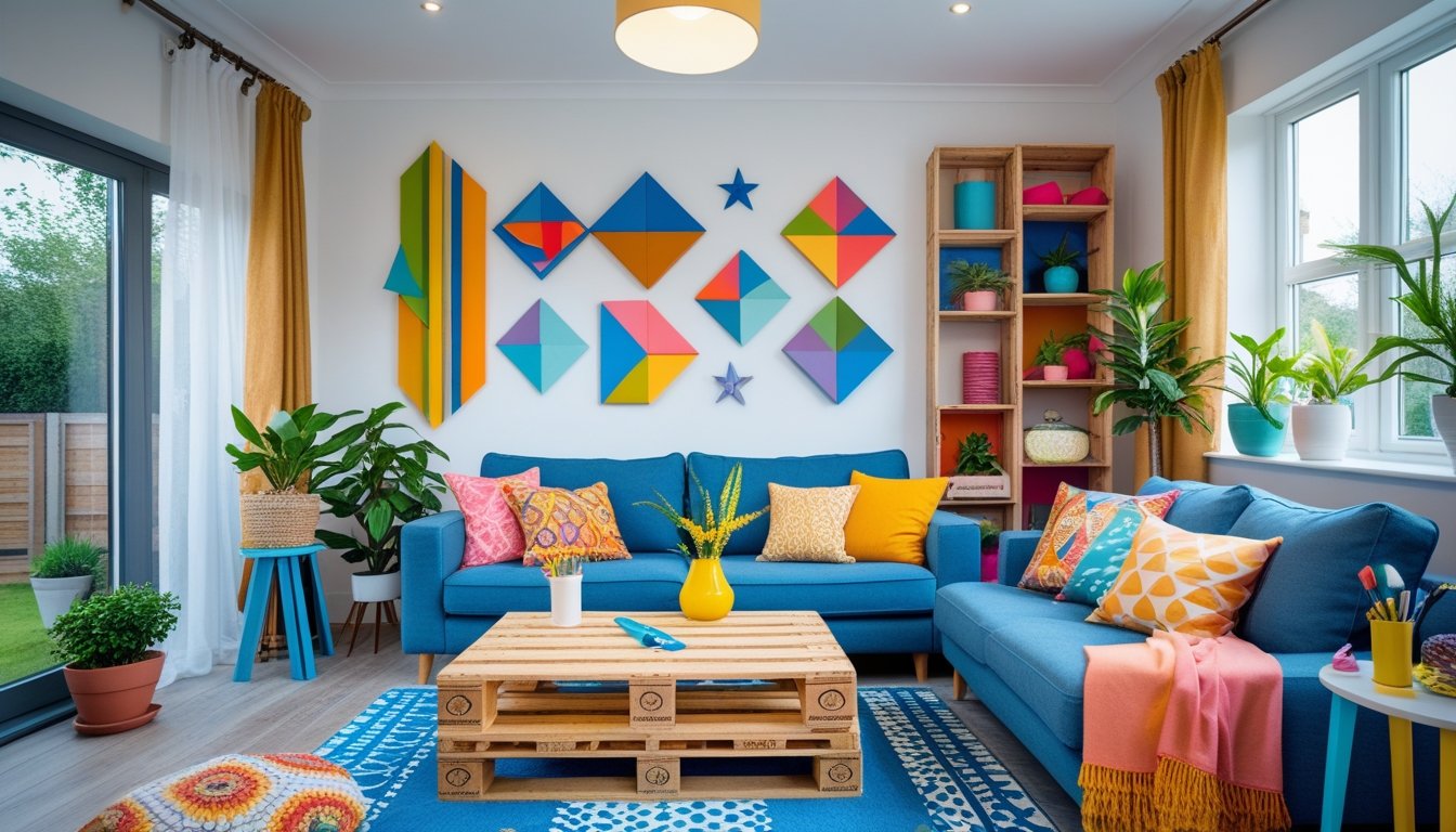 A modern living room with handmade furniture, colourful wall art, plants, and natural light coming through large windows.