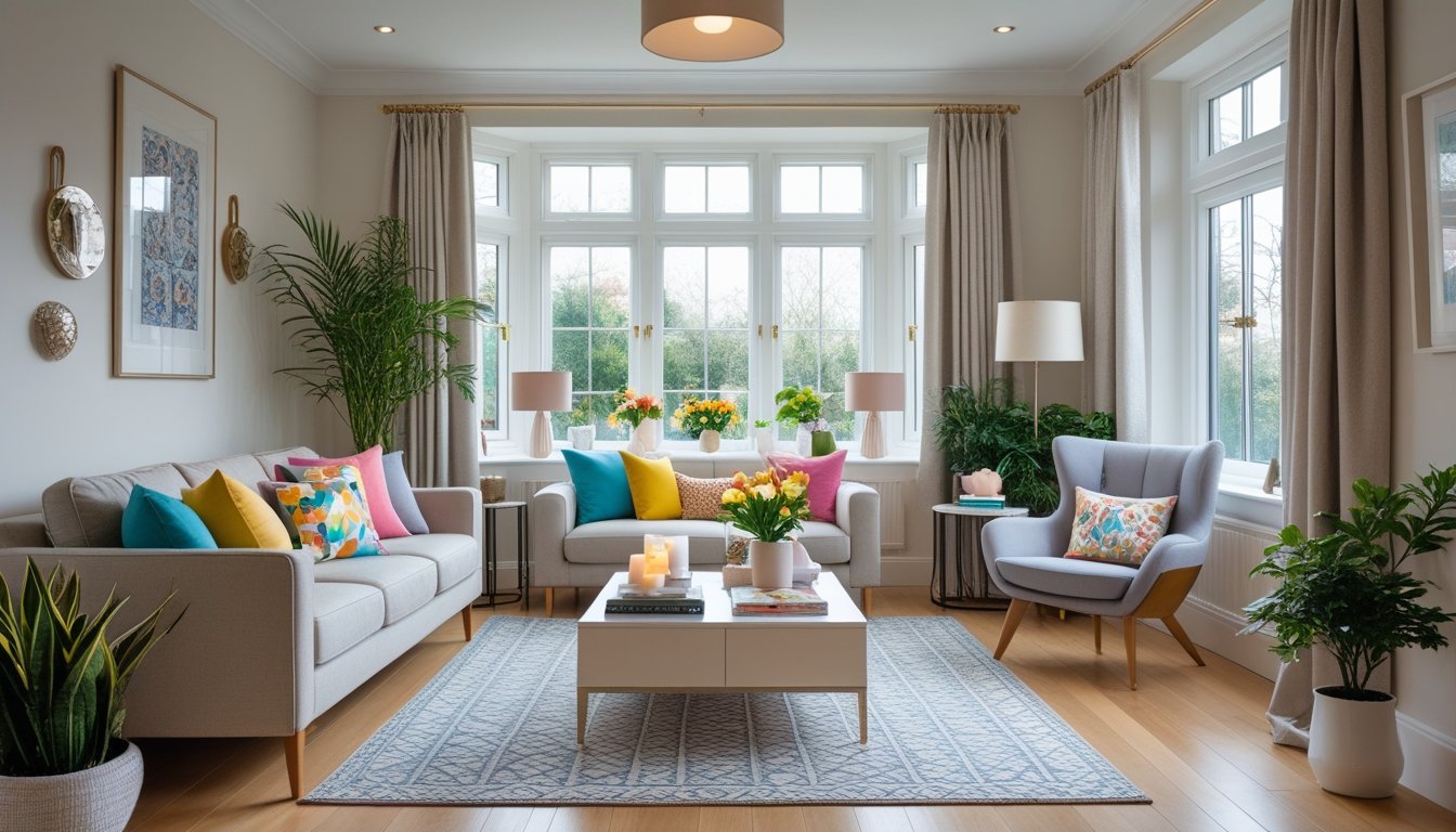 A bright living room with a sofa, coffee table, plants, and a reading nook by large windows in a UK home.
