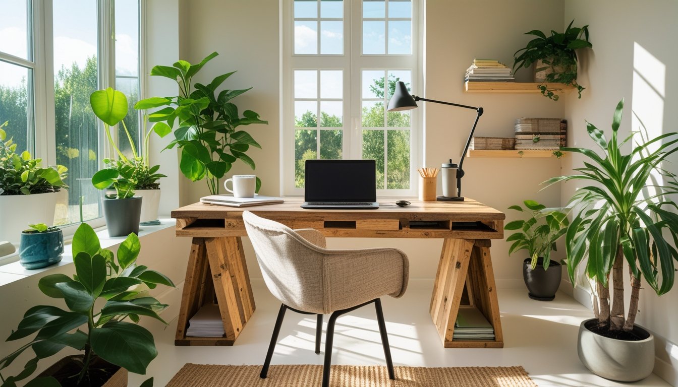 A home office with a wooden desk, laptop, green plants, and eco-friendly accessories near large windows letting in natural light.