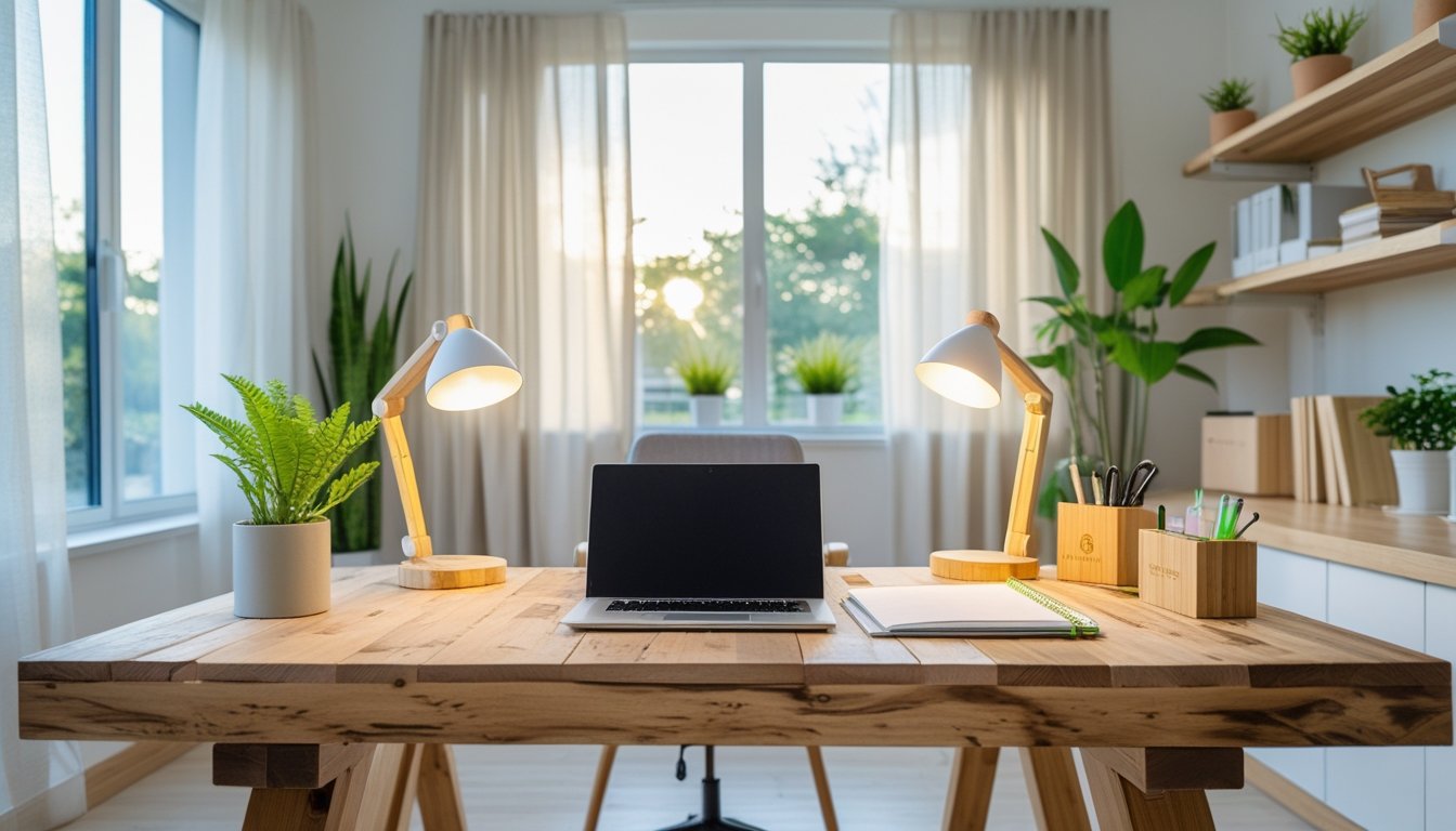 A bright home office with a wooden desk, laptop, green plants, and natural sunlight streaming through large windows.