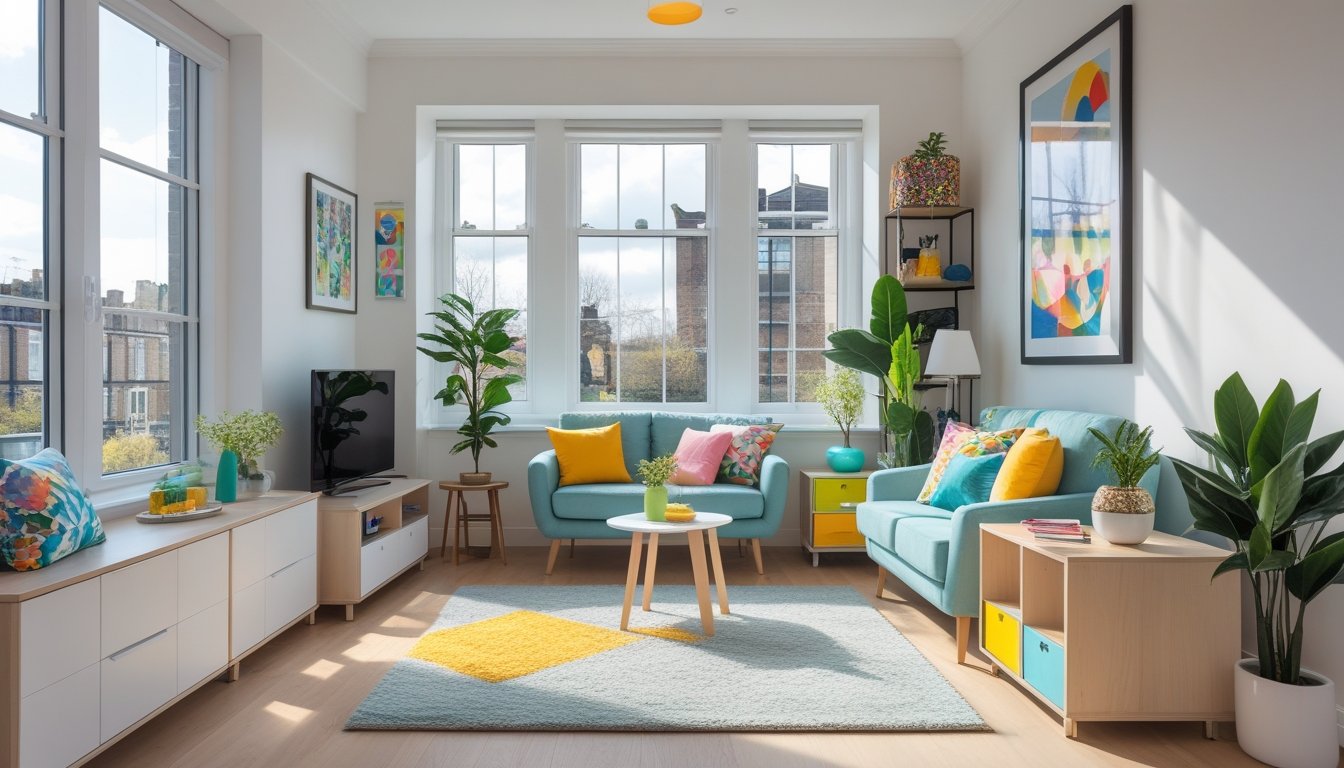 A small, bright living room with a sofa, dining table, plants, and large windows letting in natural light.