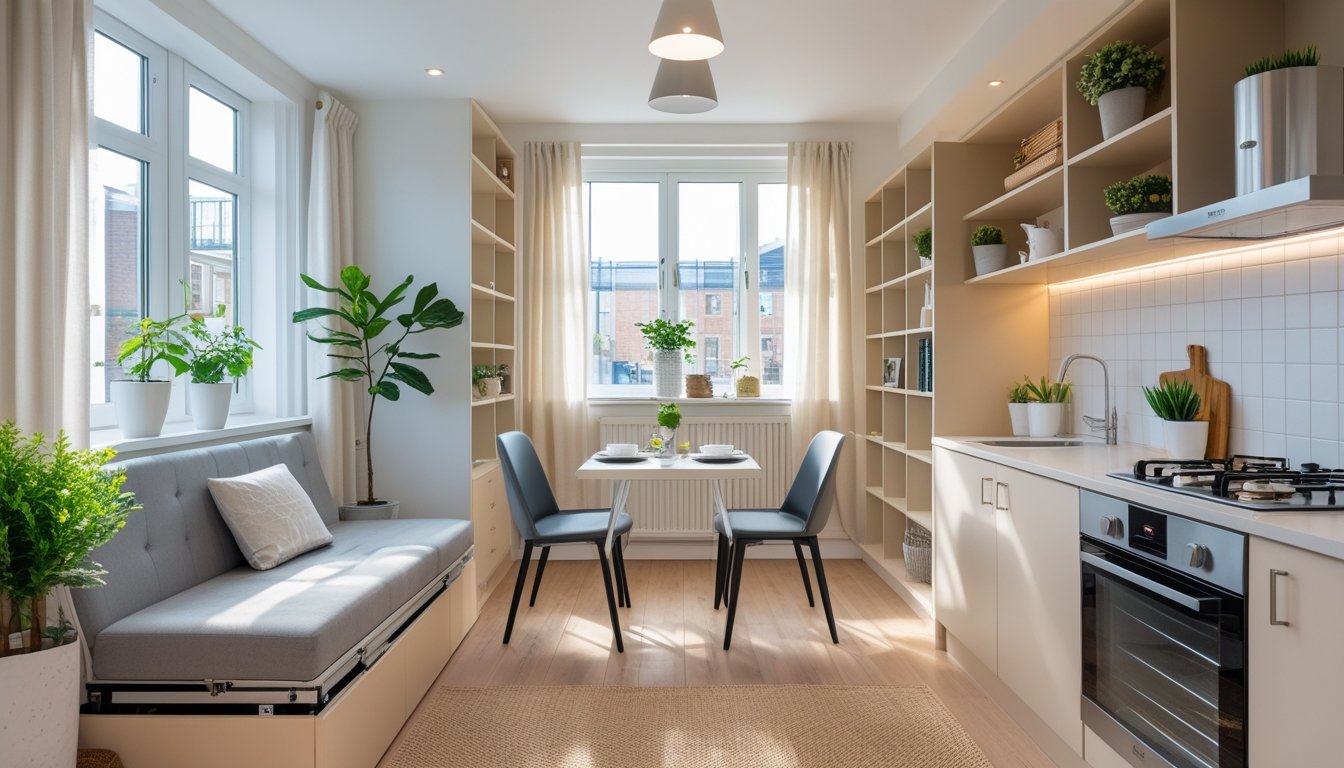 A bright and tidy small apartment interior with multifunctional furniture, natural light, and indoor plants.