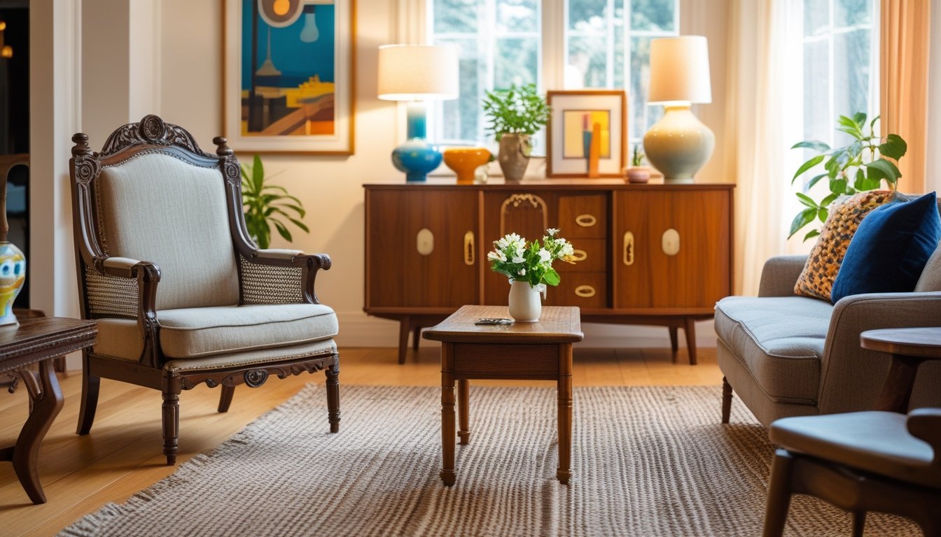 A bright living room with vintage wooden furniture including an armchair and coffee table, decorated with flowers and art, lit by natural light from large windows.