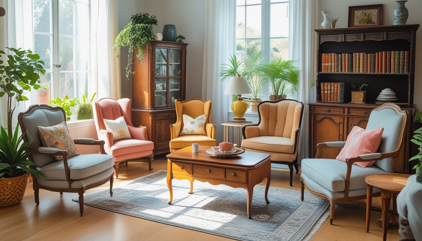 A bright living room featuring various vintage wooden furniture pieces arranged with decorative items and plants.