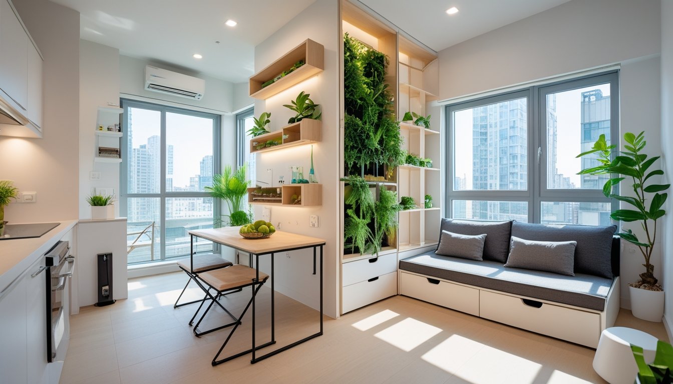 A bright and tidy small urban apartment interior with multifunctional furniture and indoor plants.