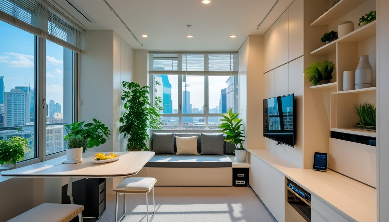 A small modern apartment with multifunctional furniture and large windows showing a cityscape outside.