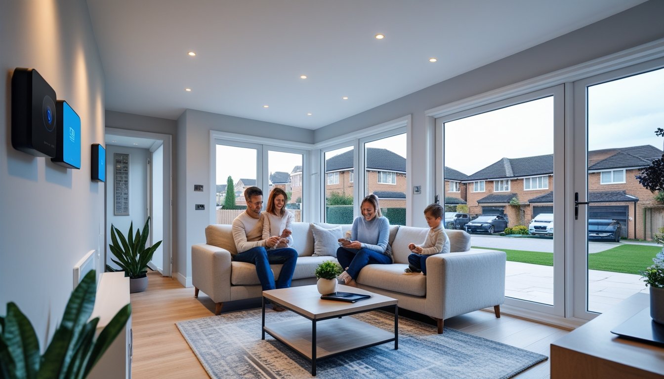 A family inside a modern UK home using smart home security devices, including a thermostat, security camera, and tablet, with a view of a suburban neighbourhood outside.