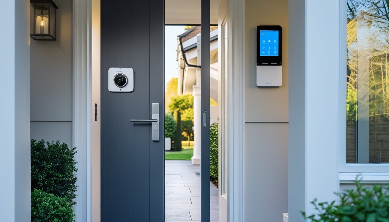 Front entrance of a modern UK home showing a smart lock, security camera, and a control panel inside the doorway.