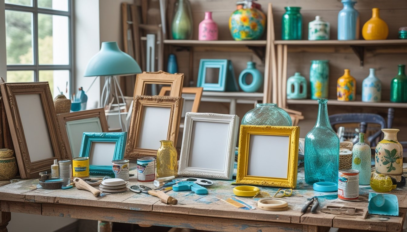 A workspace with vintage home décor items being creatively upcycled, including old frames, bottles, and ceramics with crafting tools on a wooden table.