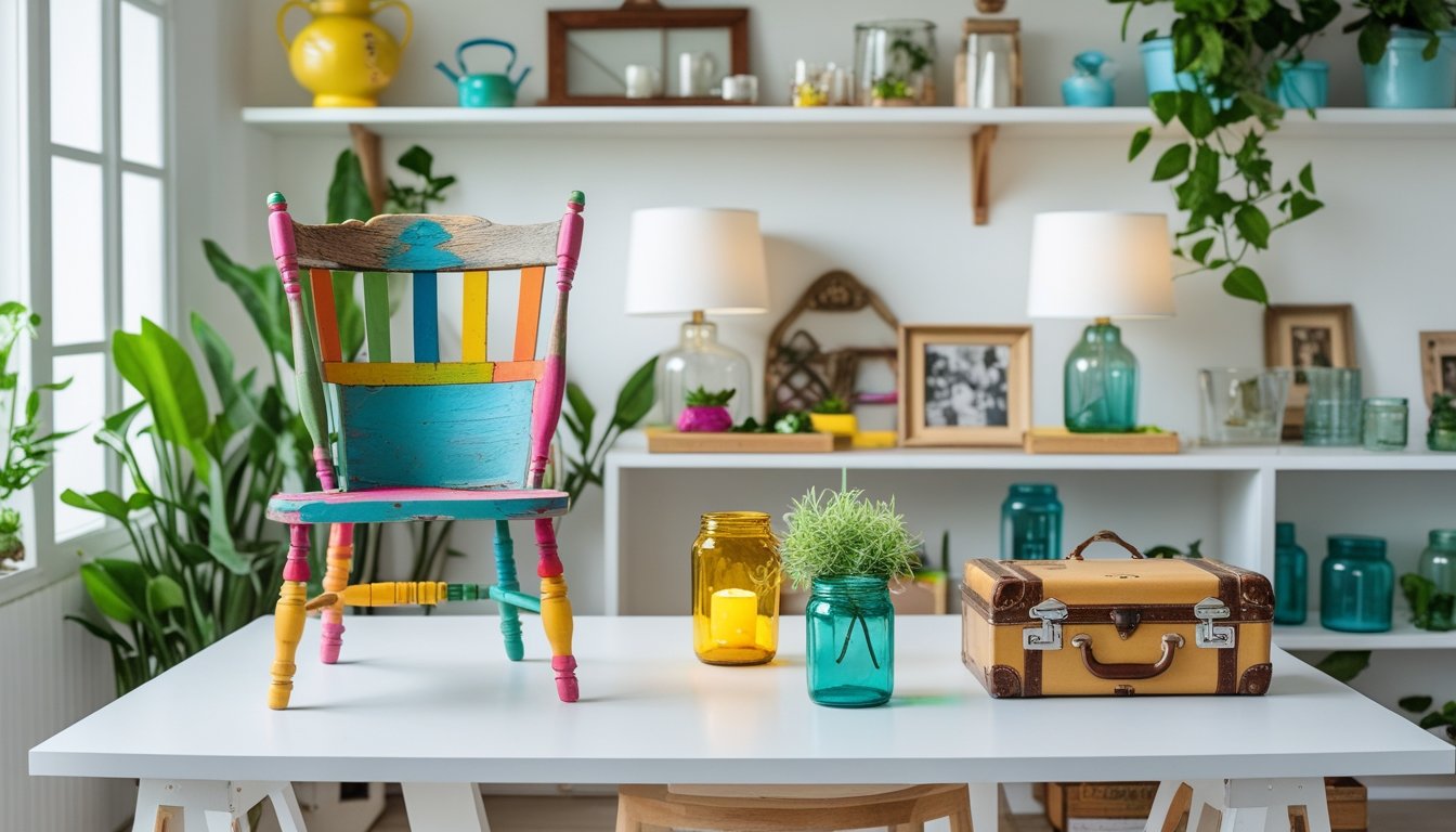A bright workspace displaying vintage home decor items creatively repurposed into new decorative pieces with plants and natural light.