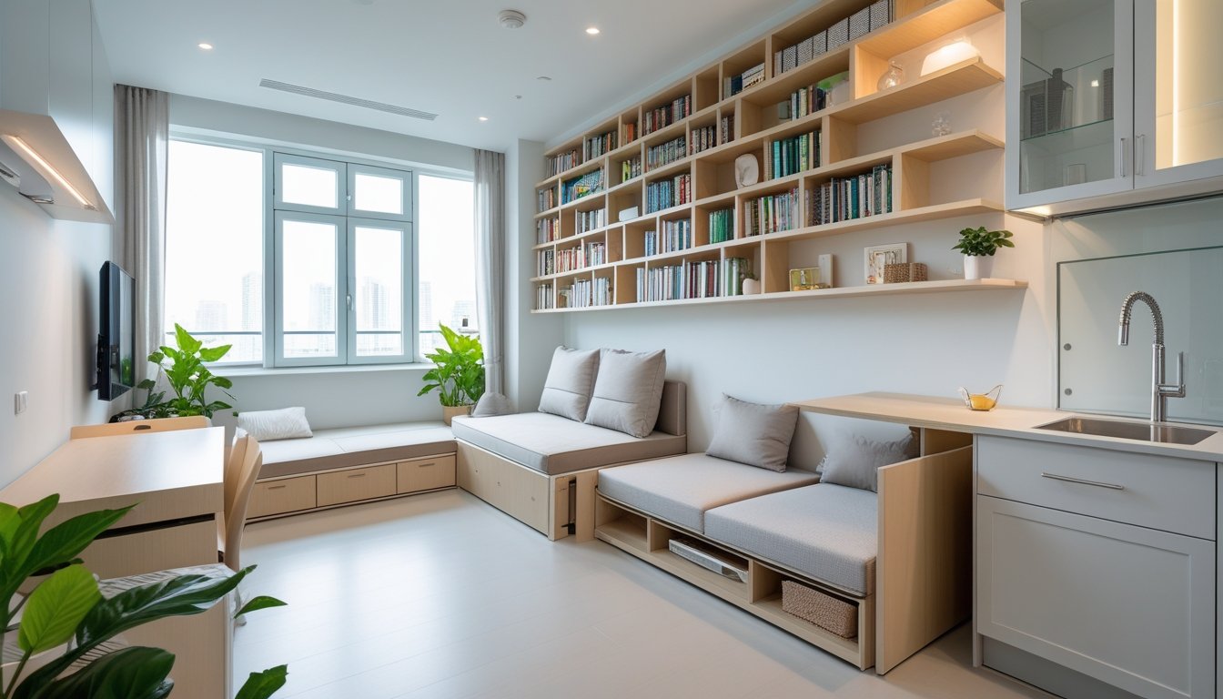 A small, modern living room with multifunctional furniture, smart storage solutions, large windows, and plants, designed to maximise space.