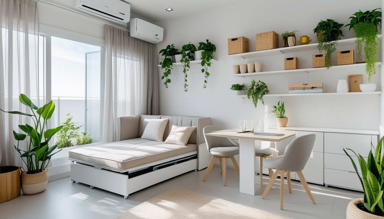 A small, organised living room with multi-functional furniture, wall shelves, indoor plants, and natural light coming through large windows.