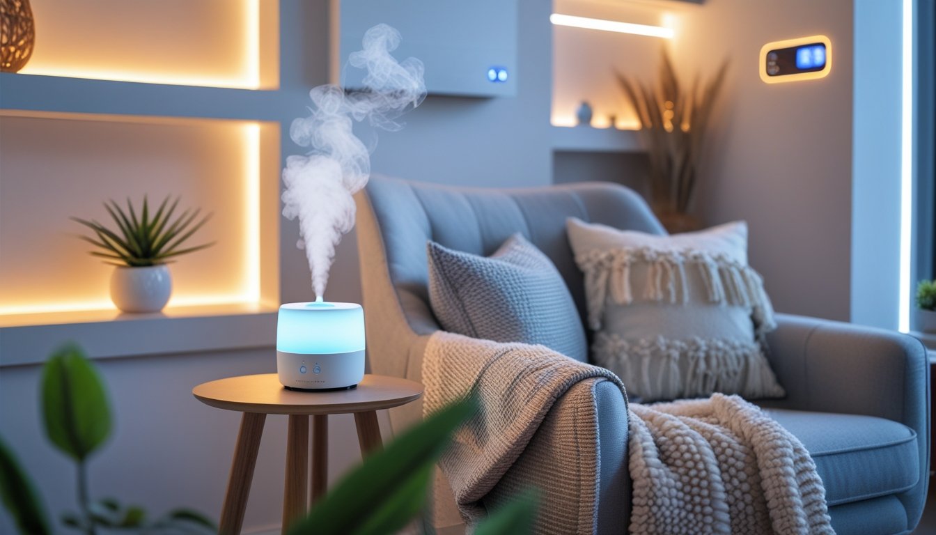 A modern living room corner with a comfortable armchair, soft lighting, a diffuser, cushions, and indoor plants creating a calming and inviting atmosphere.