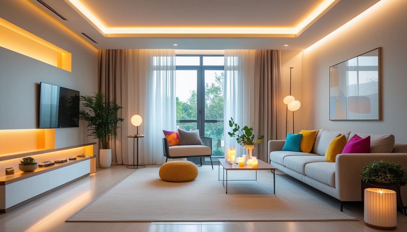 A modern living room with warm lighting, comfortable furniture, plants, and large windows letting in natural light.