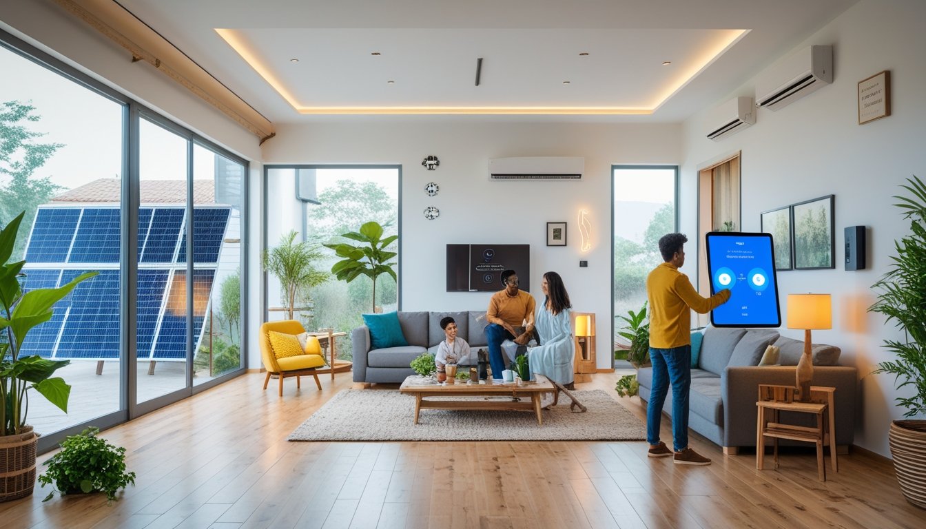 A family using smart home devices in a bright living room with large windows, indoor plants, and eco-friendly design features.