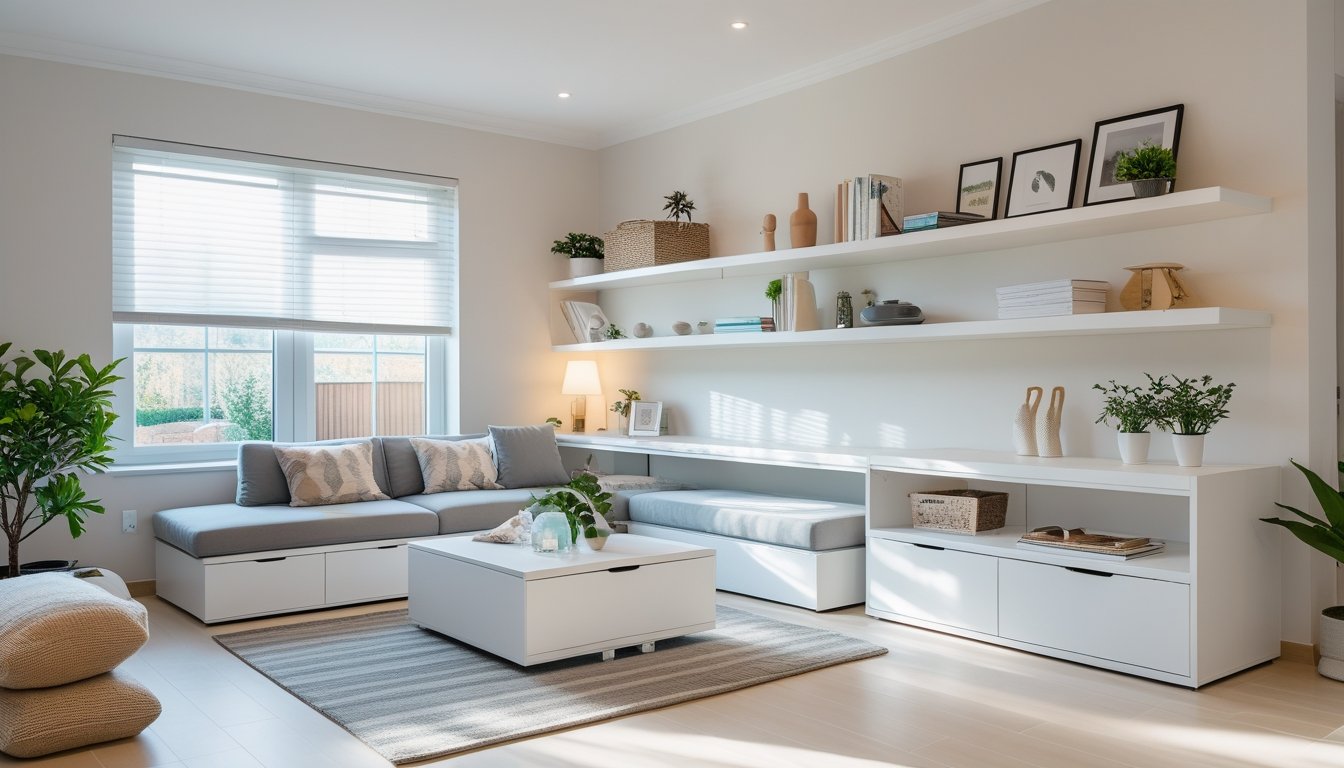 A modern living room with smart storage solutions including built-in sofa drawers, floating shelves, and a foldable dining table, illuminated by natural light from large windows.