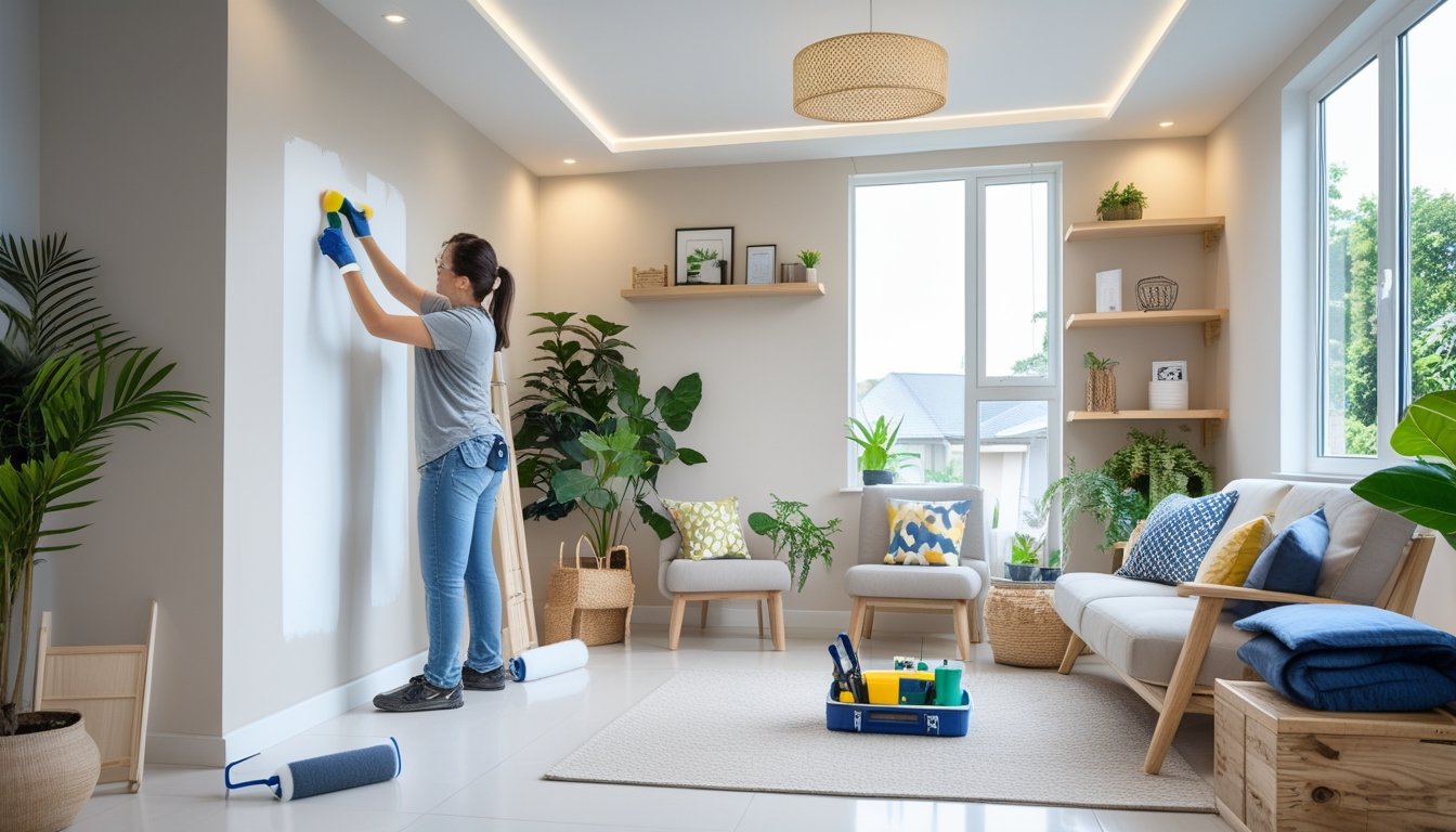 A person painting a wall in a bright living room with DIY decorations, tools, and houseplants visible.