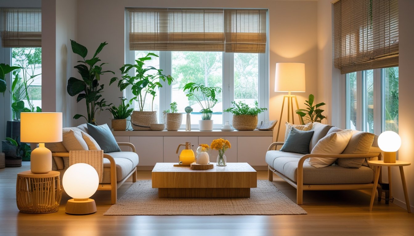 A modern living room with various energy-efficient lighting fixtures and natural light illuminating plants and furniture.